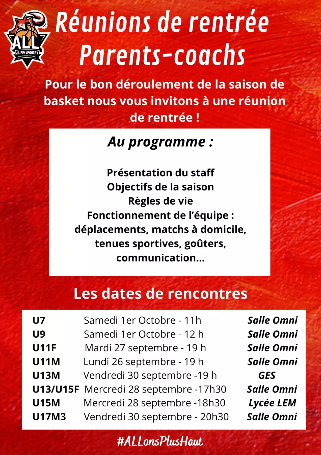 RÉUNIONS DE RENTRÉE PARENTS - COACHS !