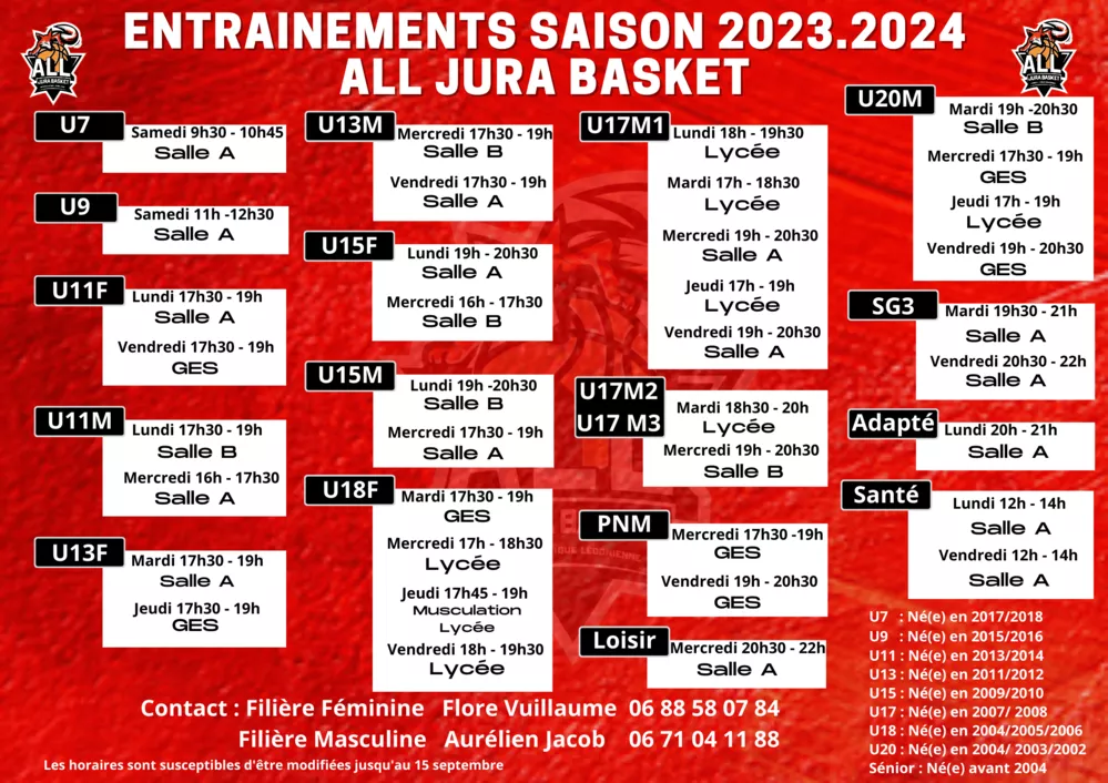 Plannings des entrainements 23-24