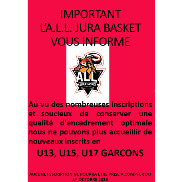 Fin des inscriptions U13 15 17 Garçons