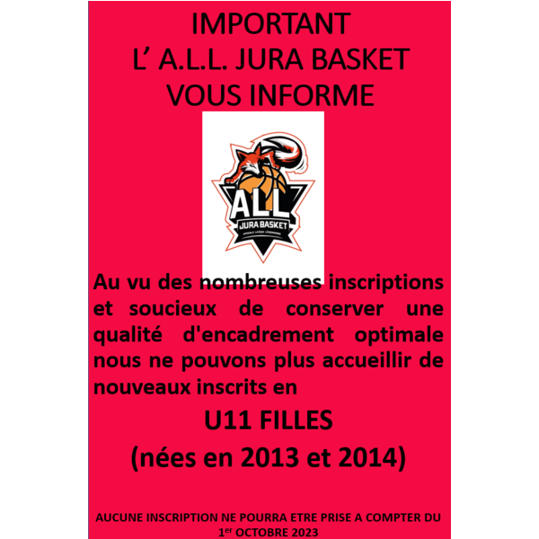 Fin des inscriptions U11 Filles