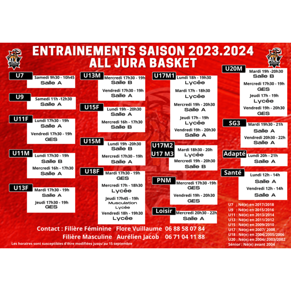 Plannings des entrainements 23-24